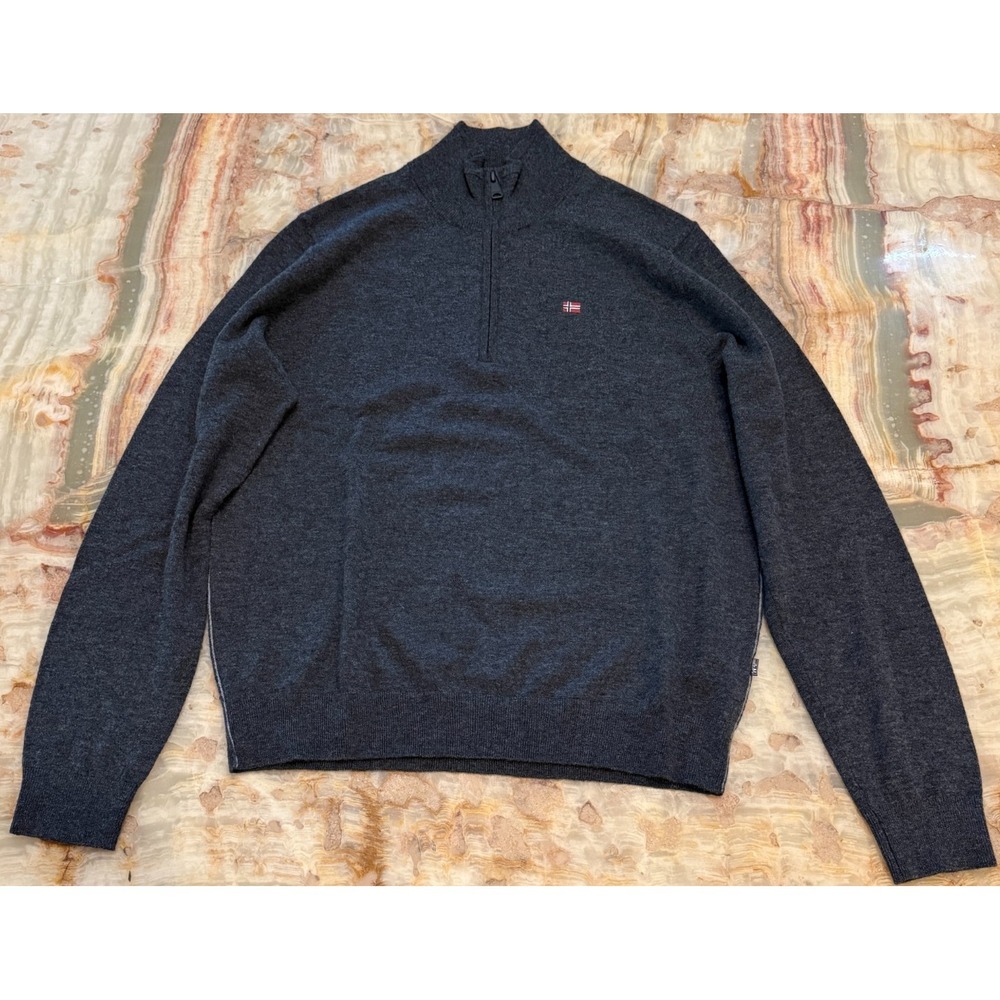 Napapijri Men's 1/4 Zip Jumper Sweater Dark Gray Long Sleeve Merino Wool M